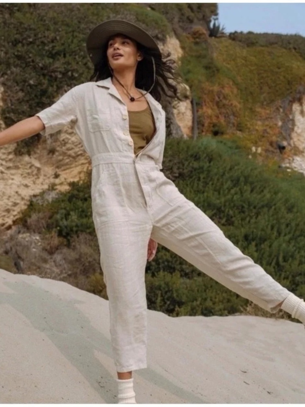 MATE the Label Linen Short Sleeve Jumpsuit in Natural / S